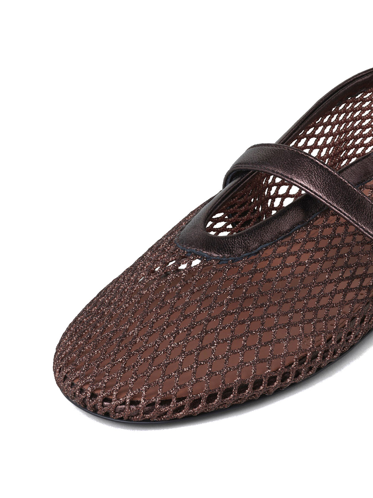 Metallic Bronze Mesh And Vegan Leather Round-Toe Buckle Bridge Strap Flats