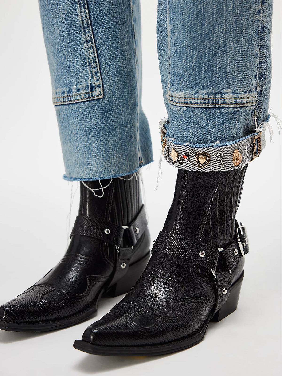 Black Lizard Print Snip-Toe Buckle Straps Ankle Cowgirl Boots