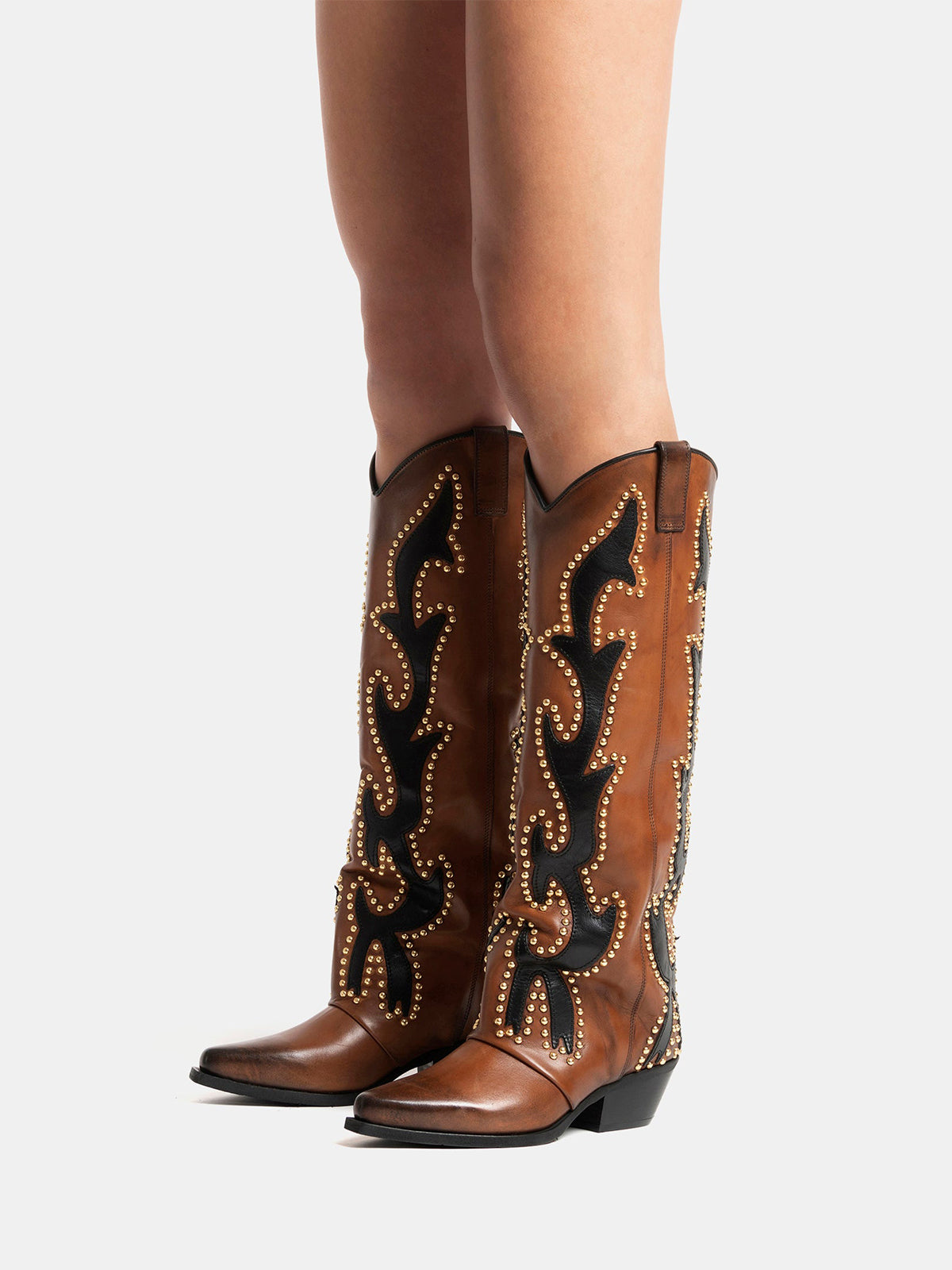 Brown Snip-Toe Inlays Studs Wide Calf Knee High Cowgirl Boots