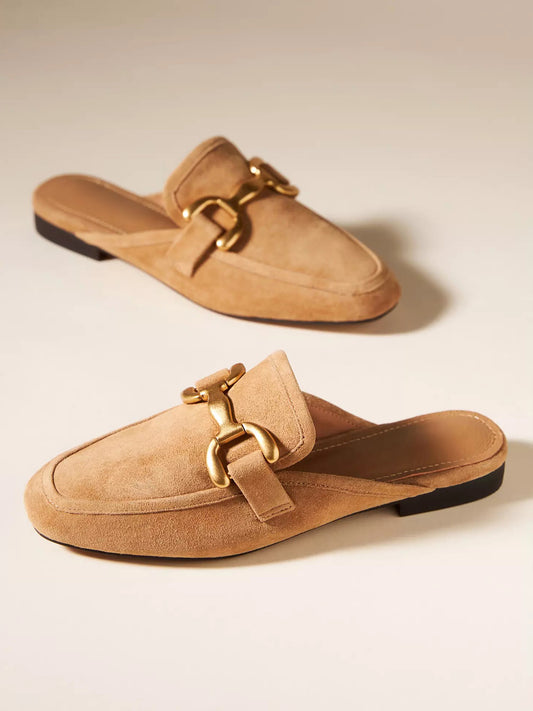 Camel Faux Suede Square-Toe Slip-On Front Metal Detail Flats Loafers