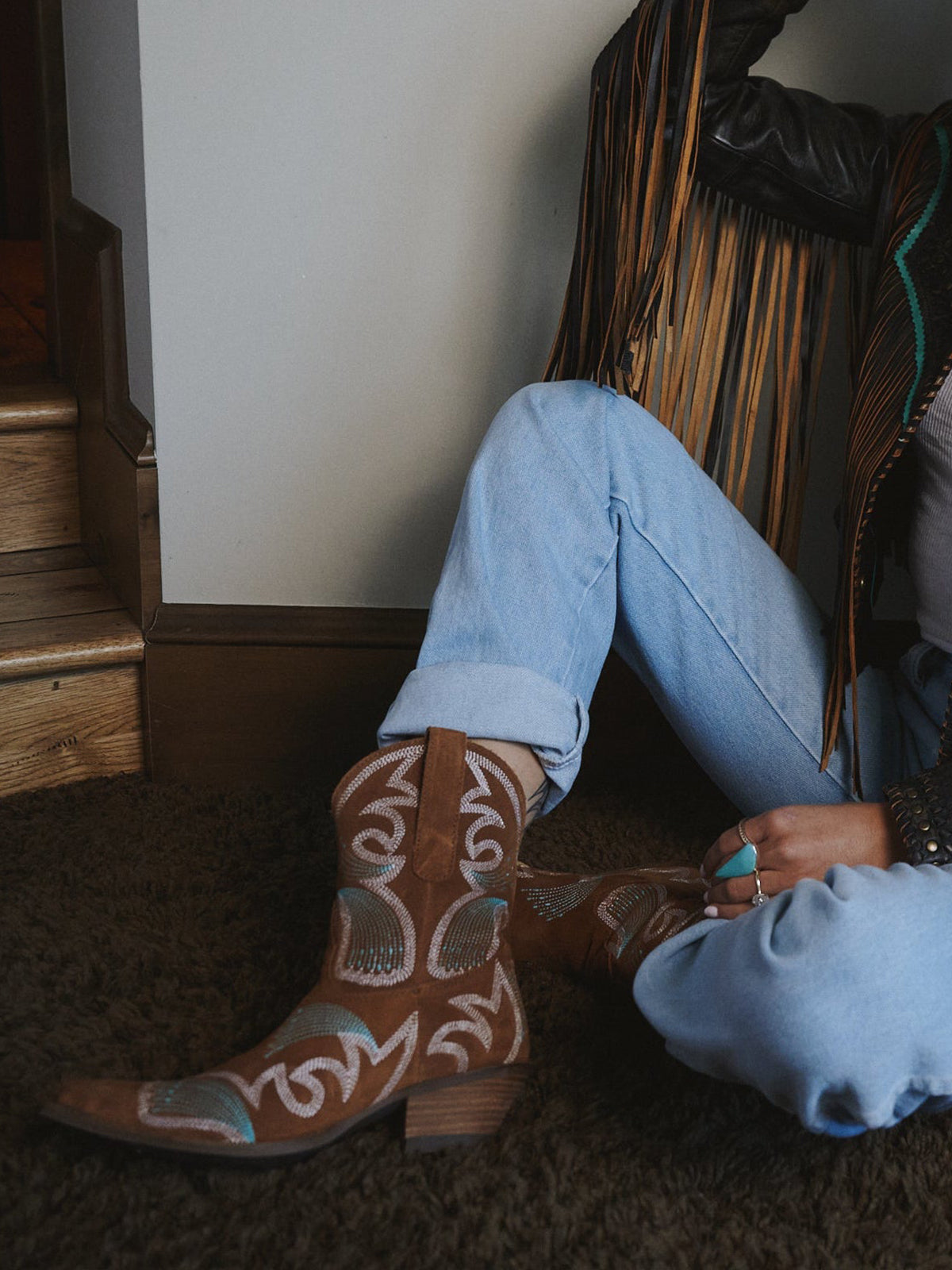 Brown Faux Suede Snip-Toe Delicate Embroidery Ankle Cowgirl Boots