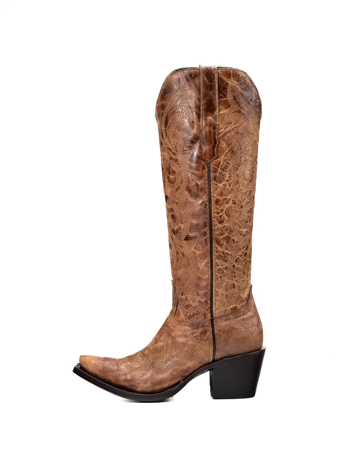 Snip-Toe Chic Embroidery Half-Zip Knee High Cowgirl Boots For Woman - Distressed Brown