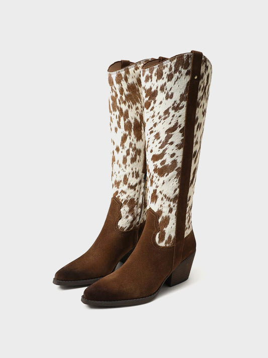 Pointed-Toe Chic Western Half-Zip Knee High Cowgirl Boots - Cow Pattern And Brown