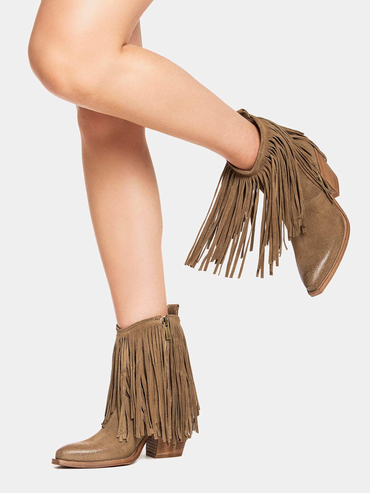 Dove Gray Faux Suede Snip-Toe Fringe Full-Zip Ankle Cowgirl Boots