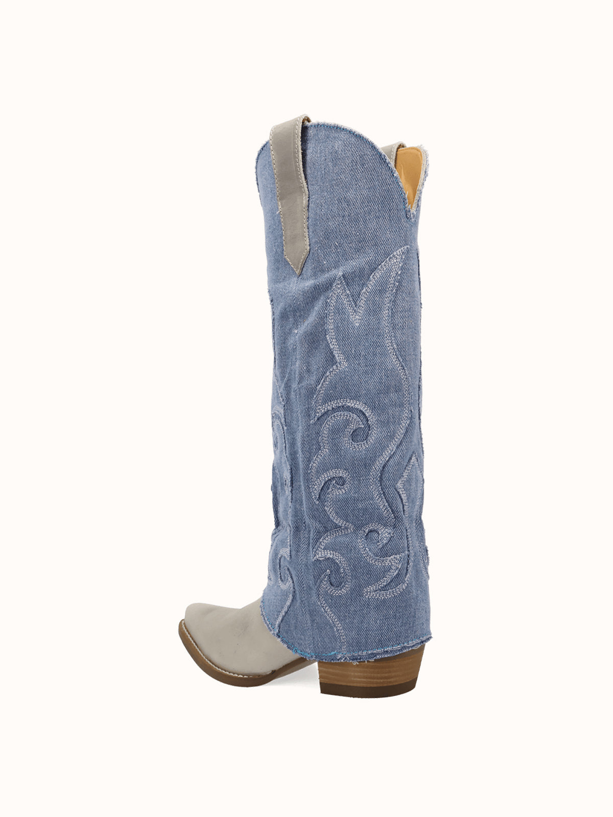 Blue Denim And Bone Snip-Toe Embroidery Fold-Over Wide Calf Knee High Cowgirl Boots