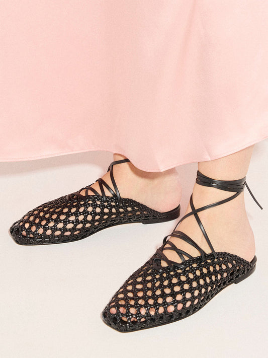 Woven Vegan Leather Square-Toe Ankle Lace-Up Backless Flats - Black