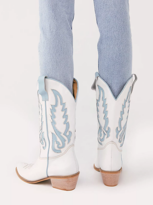 White Almond-Toe Inlay Wide Mid Calf Cowgirl Boots