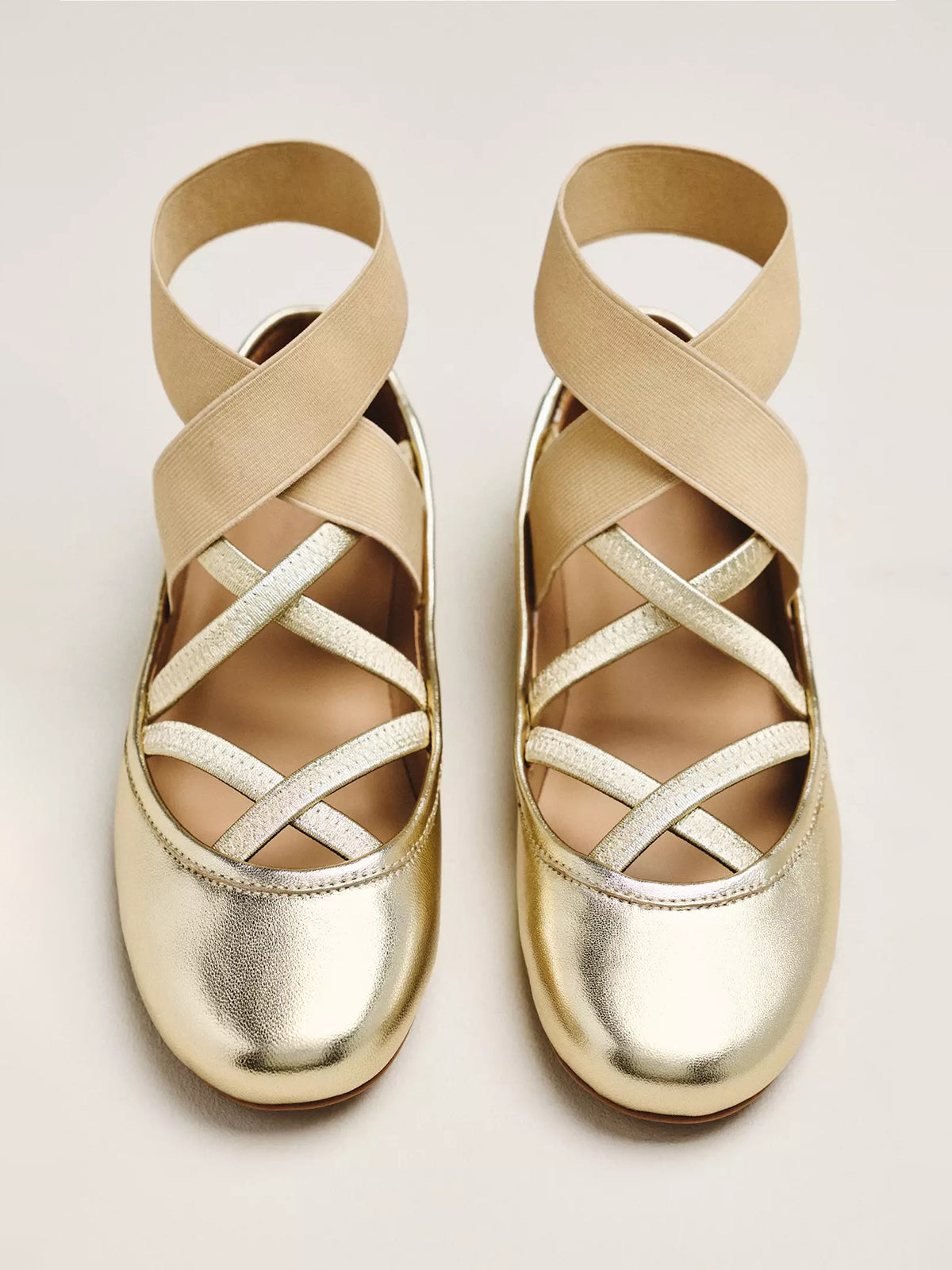Metallic Champagne Round-Toe Strappy And Ankle Wrap Strap Ballet Flats