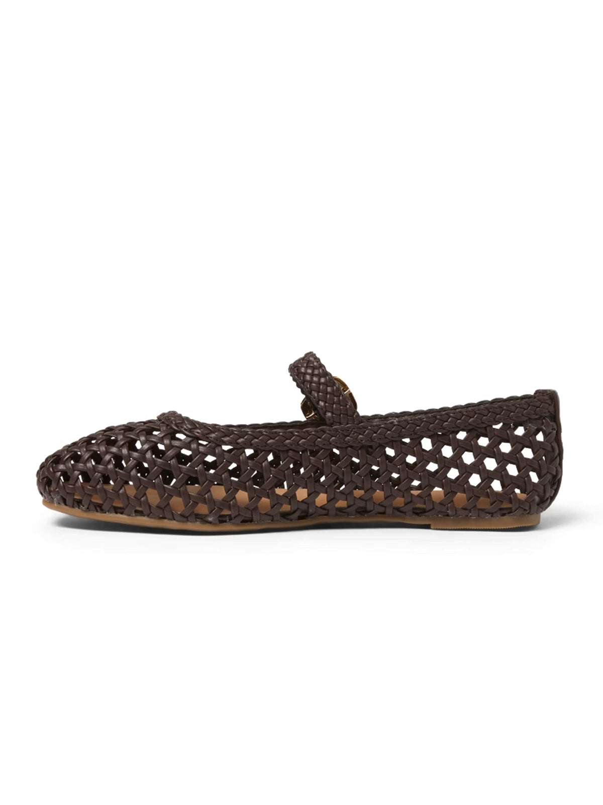 Brown Woven Vegan Leather Square-Toe Buckle Mary Jane Classic Flats