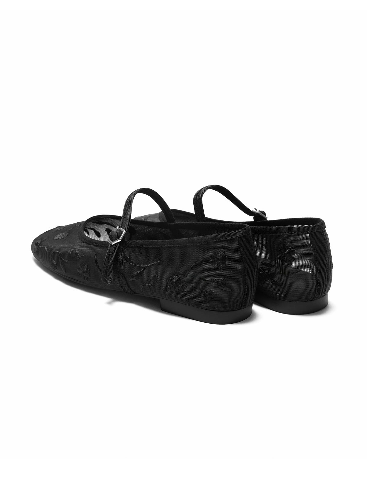 Mesh And Satin Square-Toe Floral Embroidery Mary Jane Flats - Black