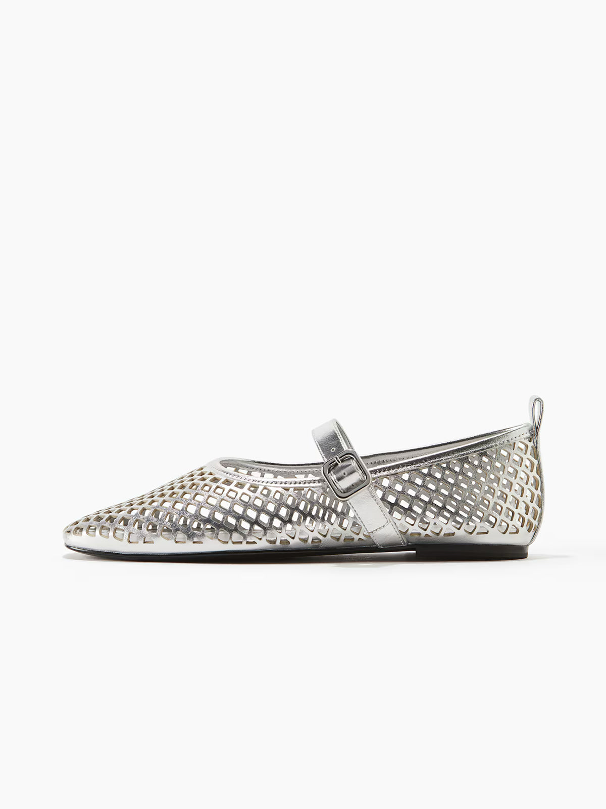 Perforated Square-Toe Bridge Strap Mary Jane Ballet Flats - Metallic Silver