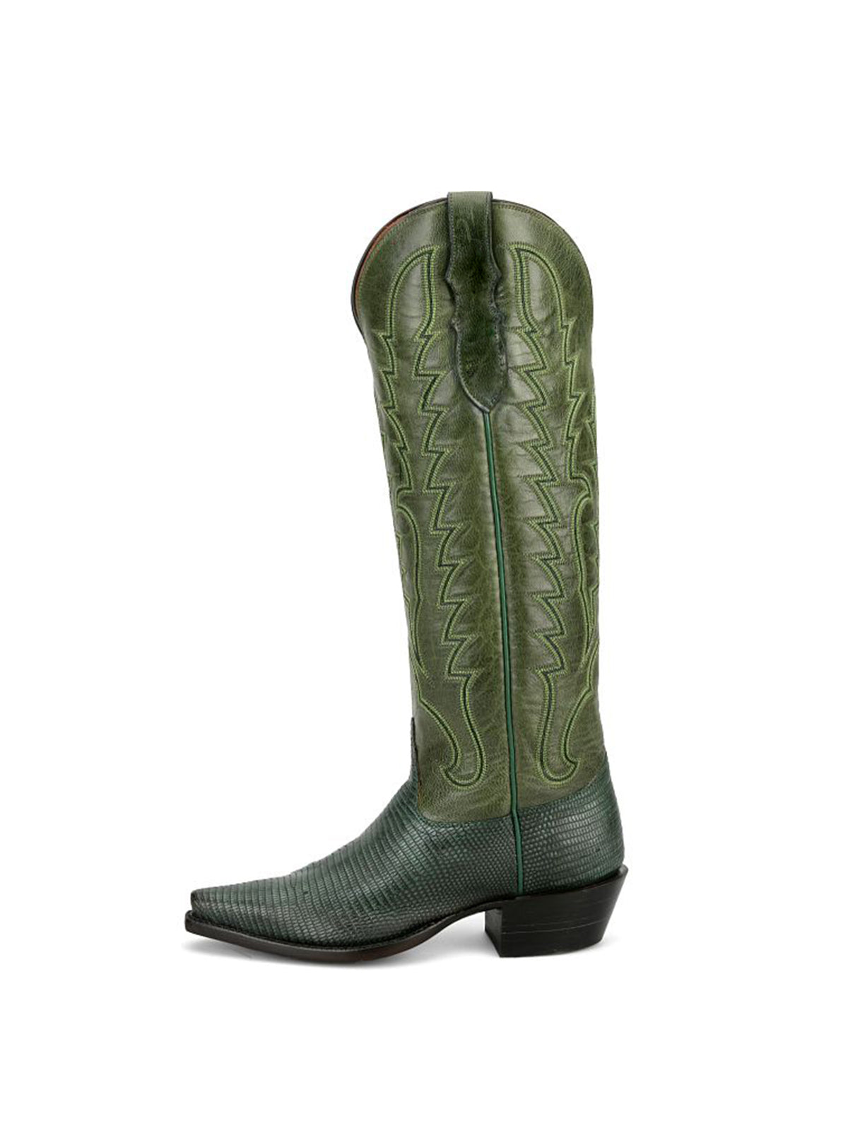 Green Lizard Print Snip-Toe Western Stitch Knee High Cowgirl Boots