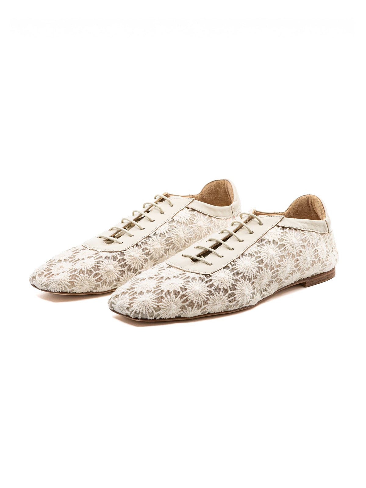 Offwhite Mesh And Vegan Leather Square-Toe Lace-Up Chic Flats