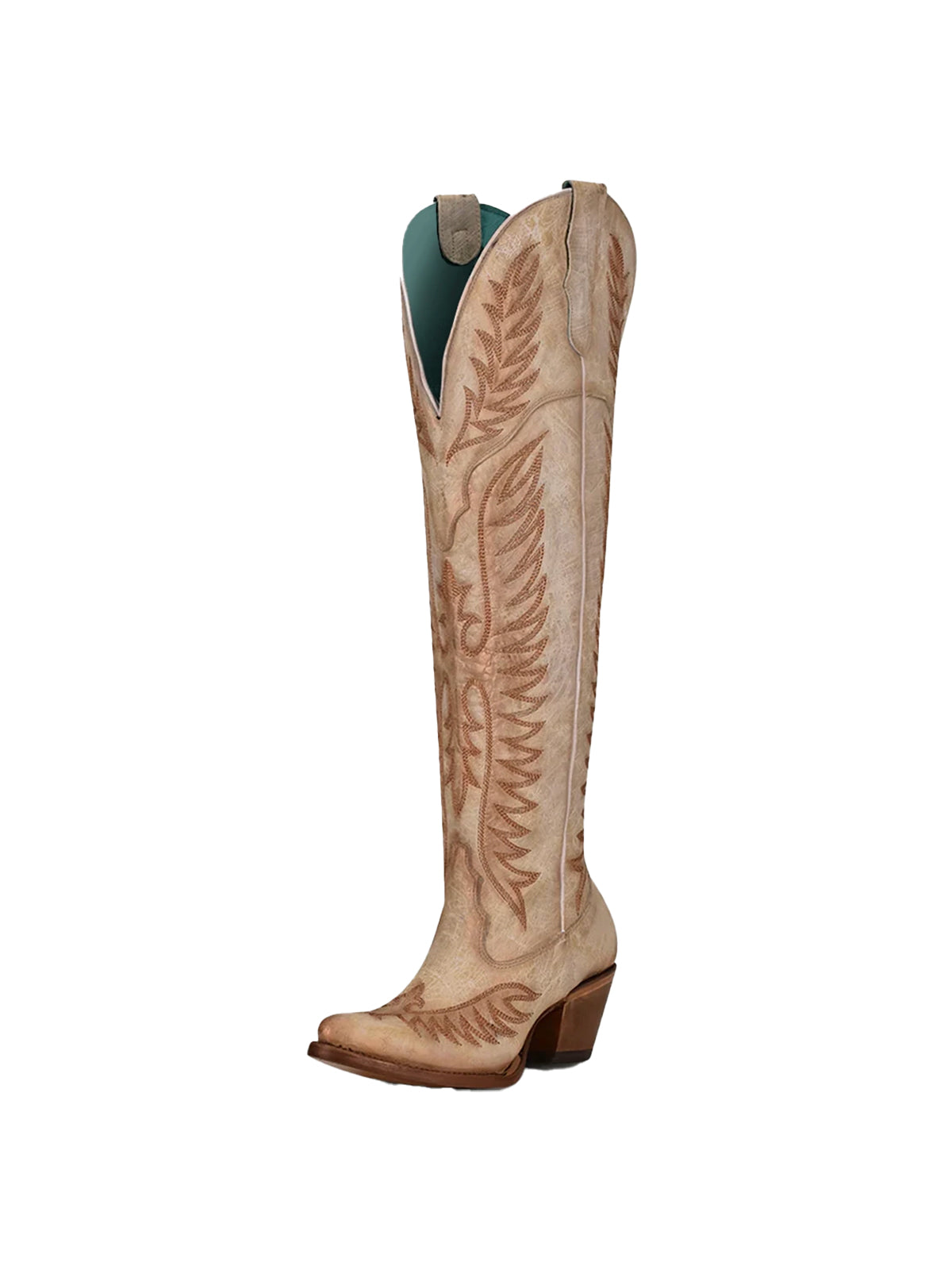 Almond-Toe Classic Embroidery Half-Zip Over-The-Knee Cowgirl Boots - Bone
