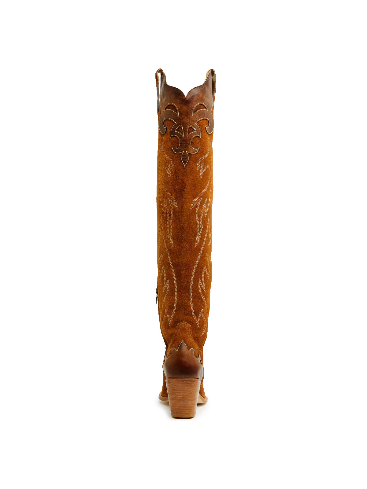Brown Faux Suede Almond-Toe Embroidery Applique Half-Zip Knee High Cowgirl Boots