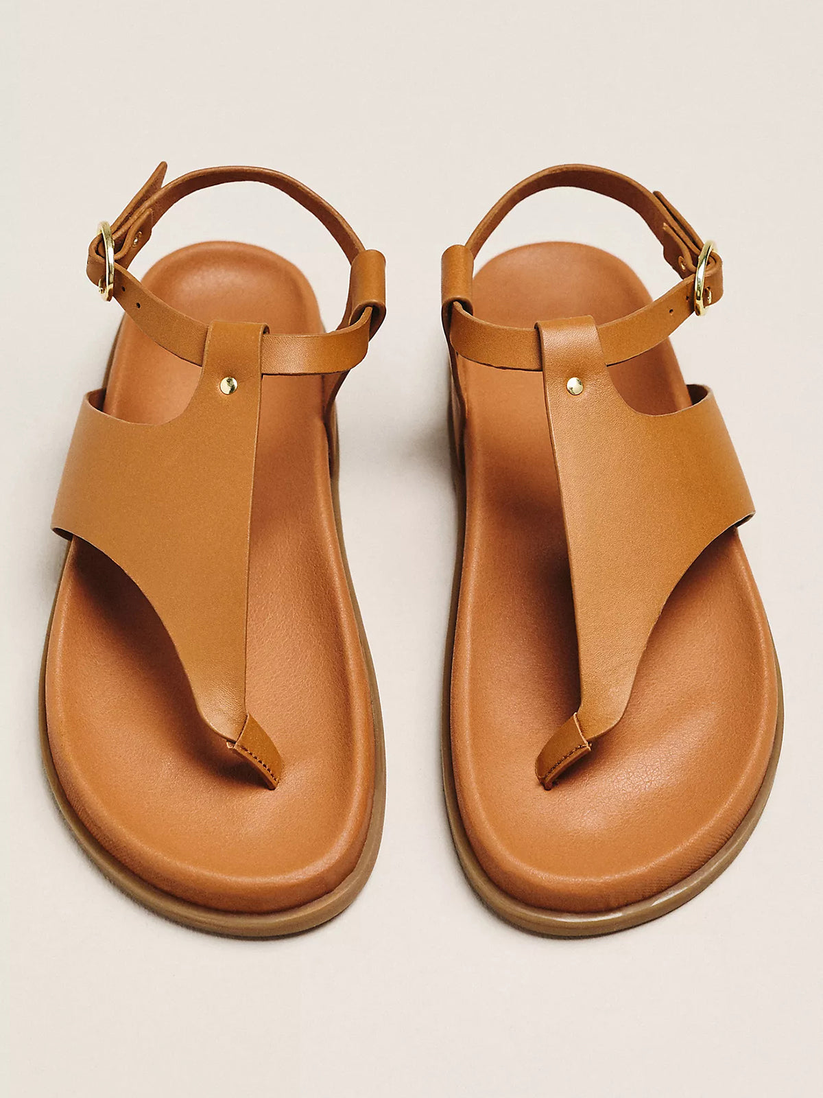 Tan Round-Toe T-Strap And Ankle Strap Flats Sandals