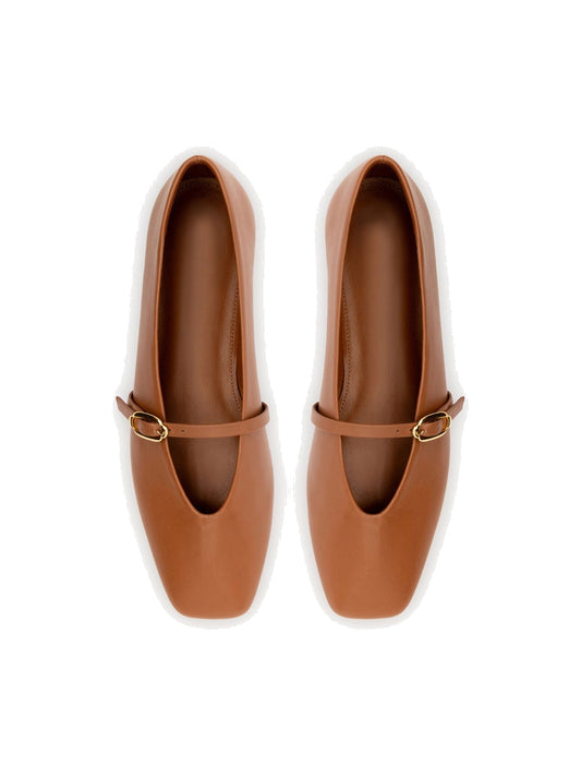 Caramel Square-Toe Buckle Mary Jane Ballet Classic Flats