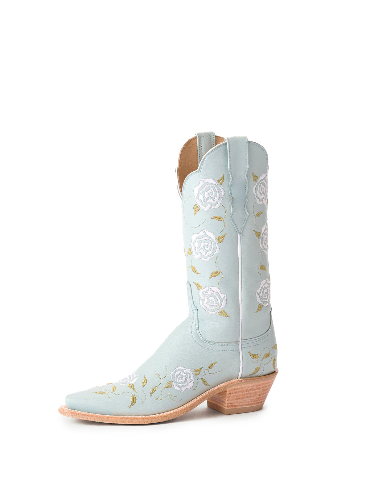Powder Blue Snip-Toe Rose Embroidery Mid Calf Cowgirl Boots