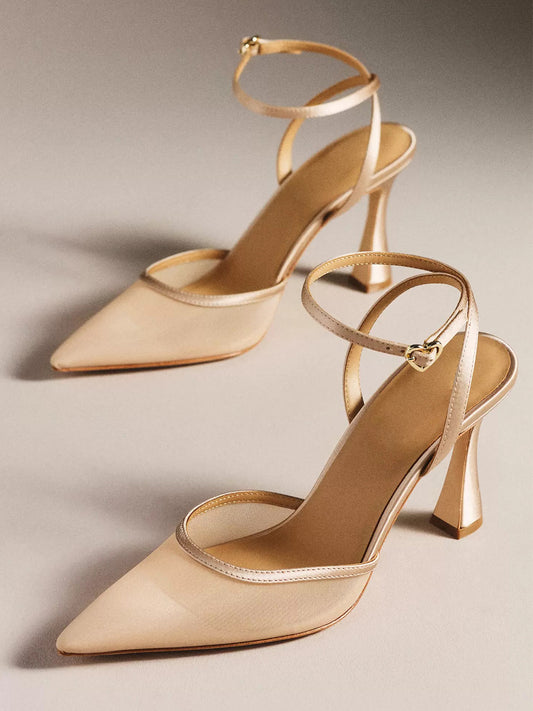 Nude Mesh Pointed-Toe Simple Back And Ankle Strap High Heels