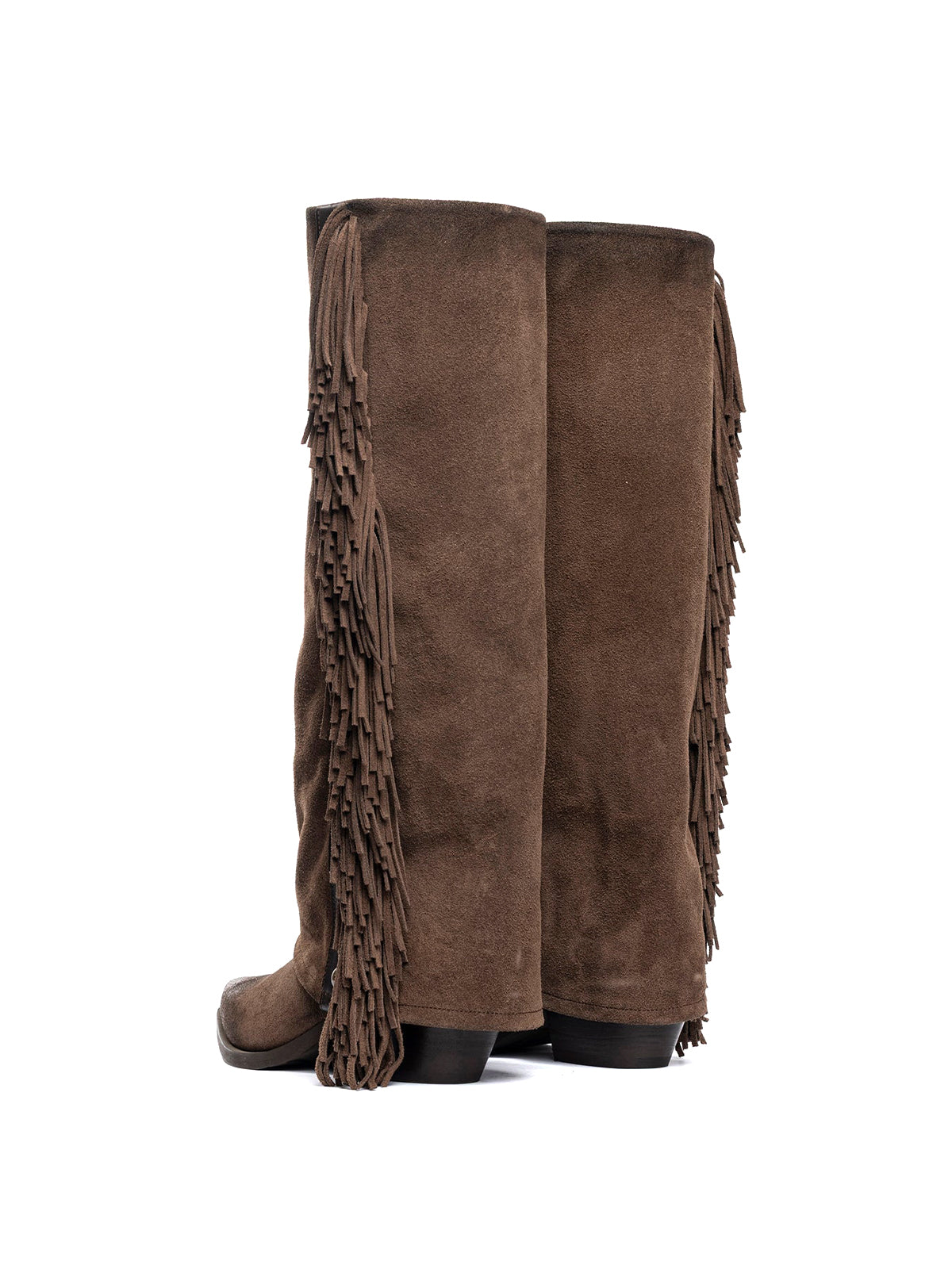 Tobacco Faux Suede Snip-Toe Side Studded Fringe Fold-Over Knee High Cowgirl Boots