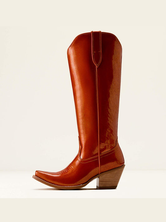 Patent Burnt Orange Snip-Toe Simple Sleek Half-Zip Knee High Cowgirl Boots