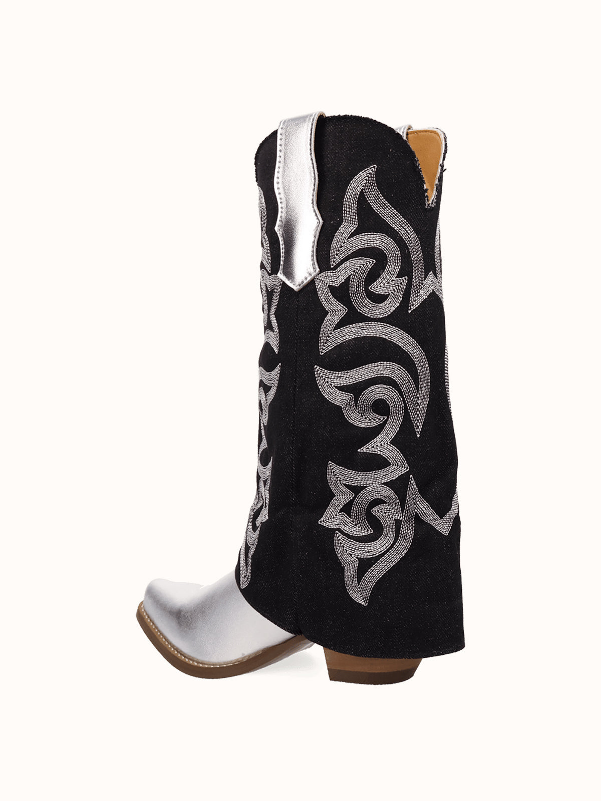 Black Denim And Silver Snip-Toe Embroidery Fold-Over Wide Calf Knee High Cowgirl Boots