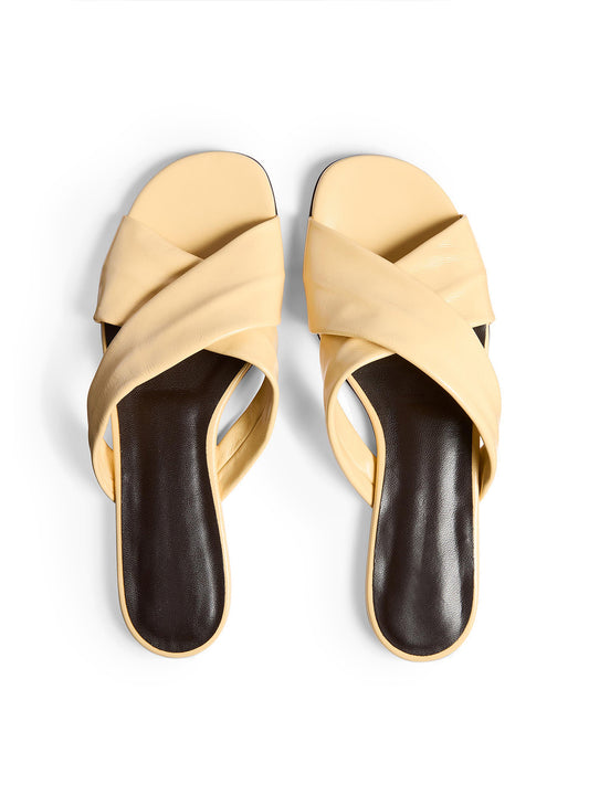 Yellow Square-Toe Cris-Crossed Straps Slip-On Flat Sandals