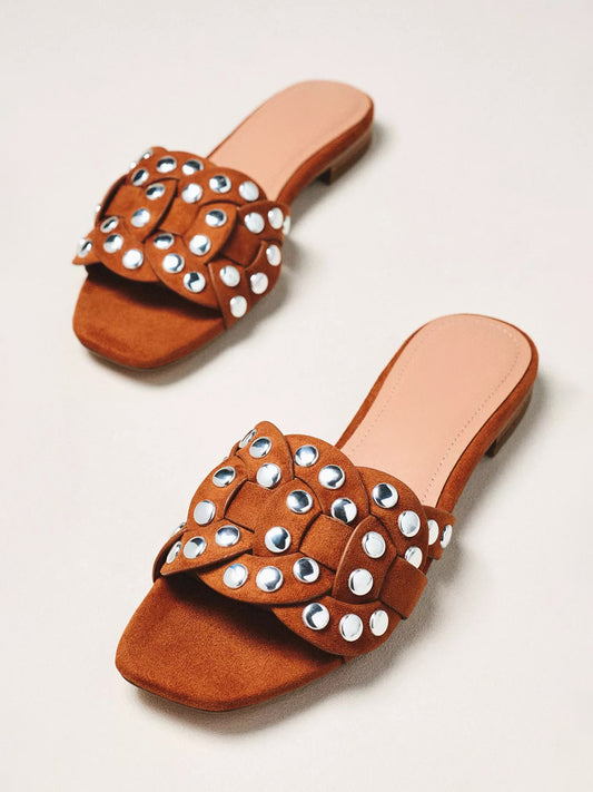 Brown Faux Suede Square-Toe Studded Slip-On Sandals Flats