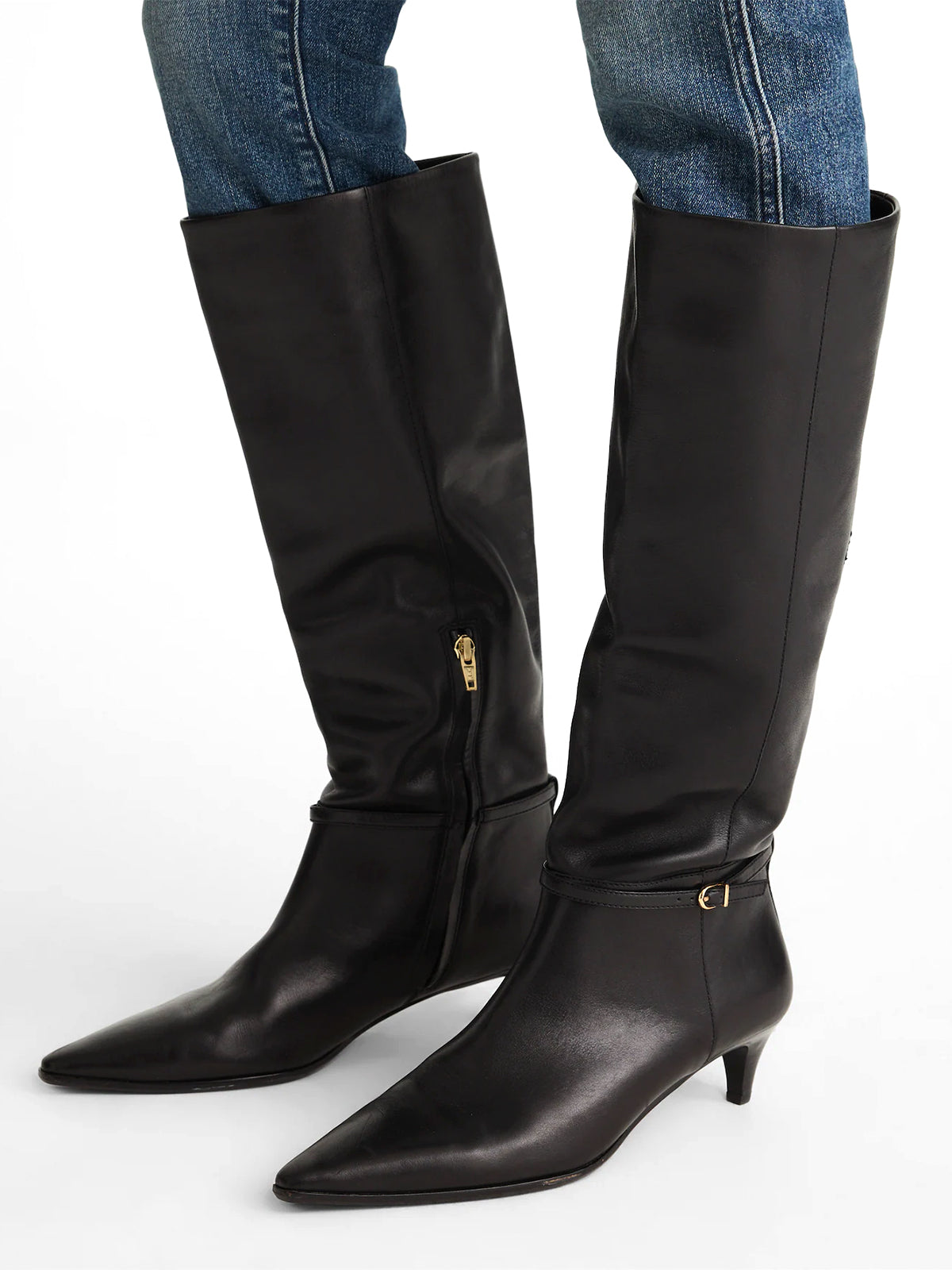 True Black Pointed-Toe Half-zip Simple Knee High Boots