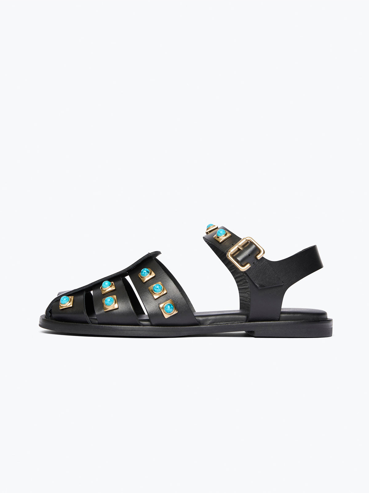 Black Round-Toe Fisherman Sandals With Turquoise Stones