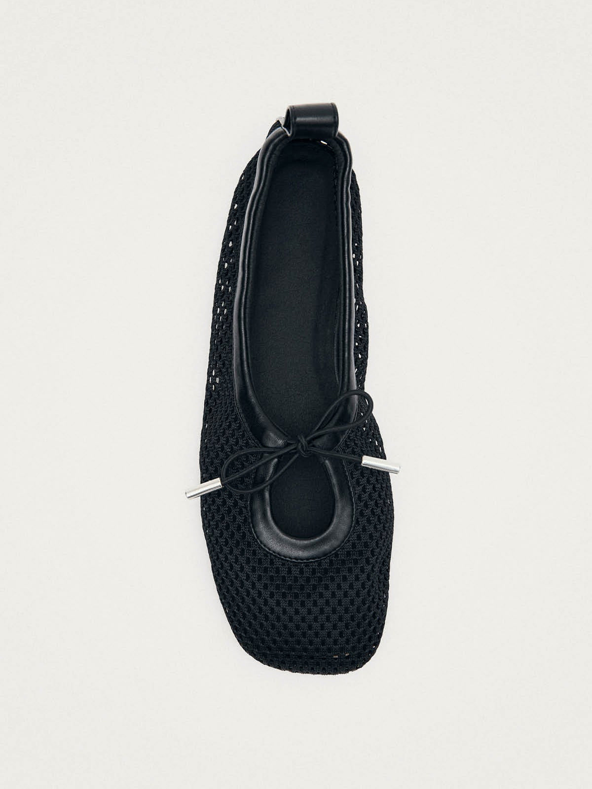 Black Mesh And Vegan Leather Square-Toe Middle Bow Ballet Flats