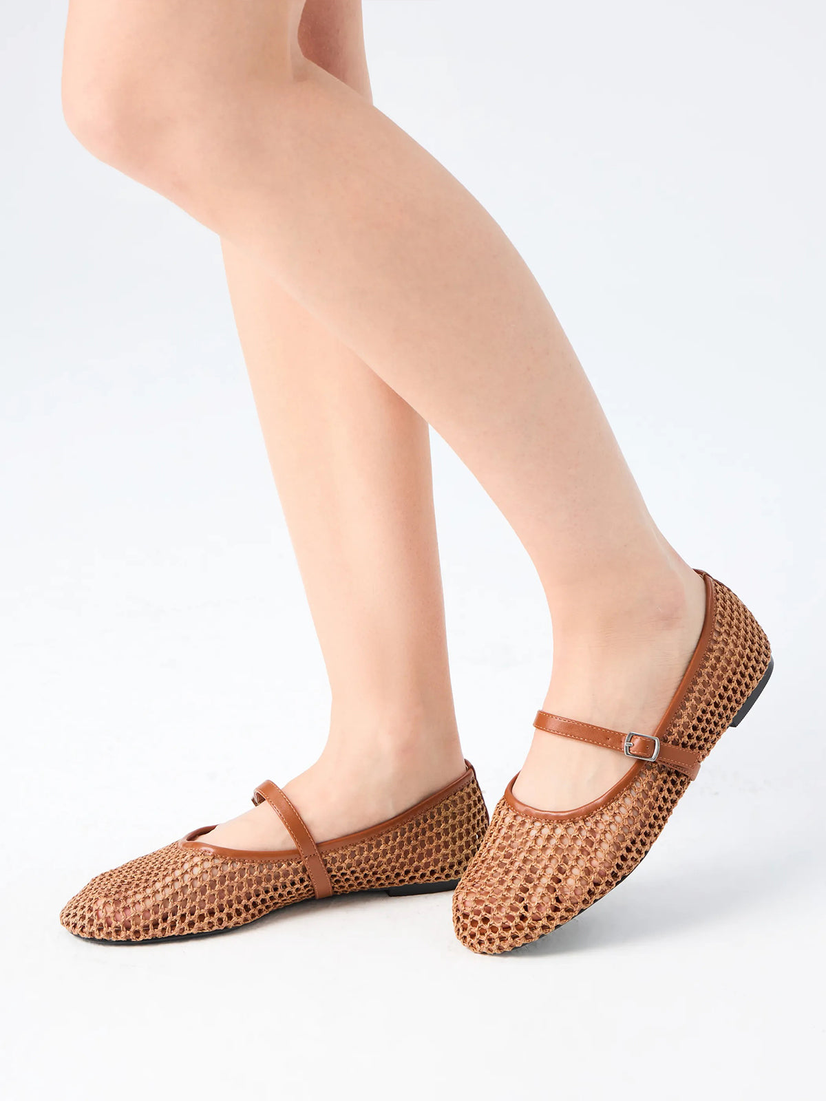 Brown Grass Woven Round-Toe Buckle Mary Jane Chic Flats