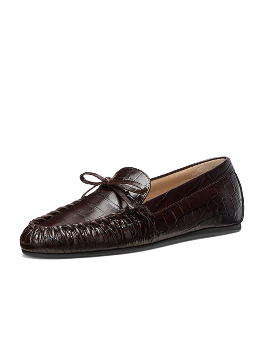 Burgundy Crocodile Print Round-Toe Front Bow Slip-On Chic Flats