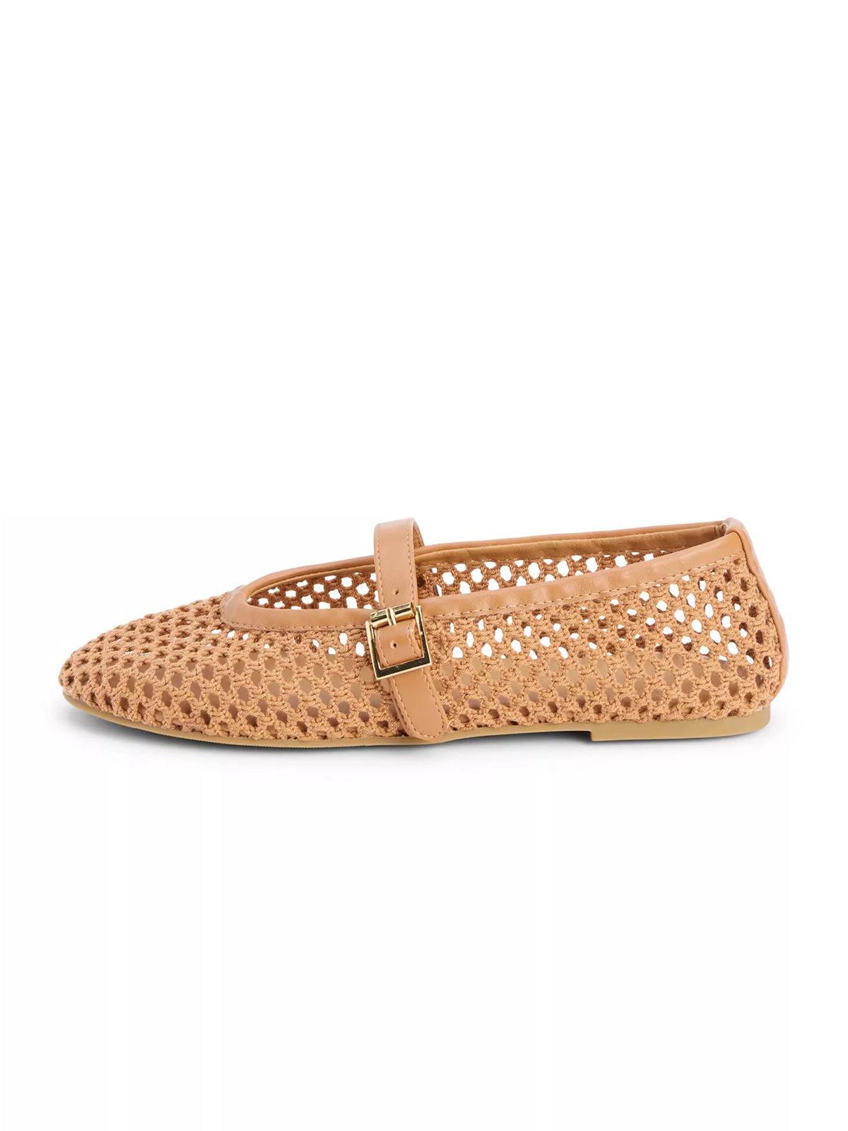 Tan Grass Woven Round-Toe Buckle Mary Jane Chic Flats