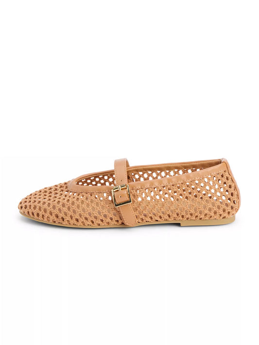 Tan Grass Woven Round-Toe Buckle Mary Jane Chic Flats
