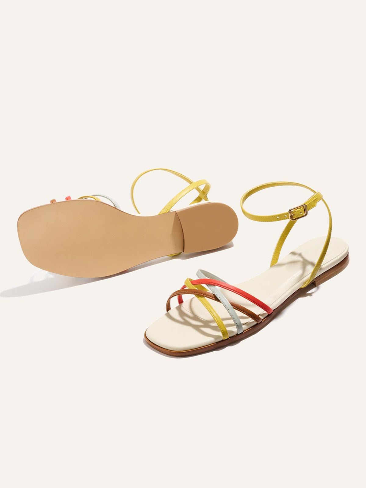 Multicolor Square-Toe Strappy And Ankle Strap Chic Sandals Flats