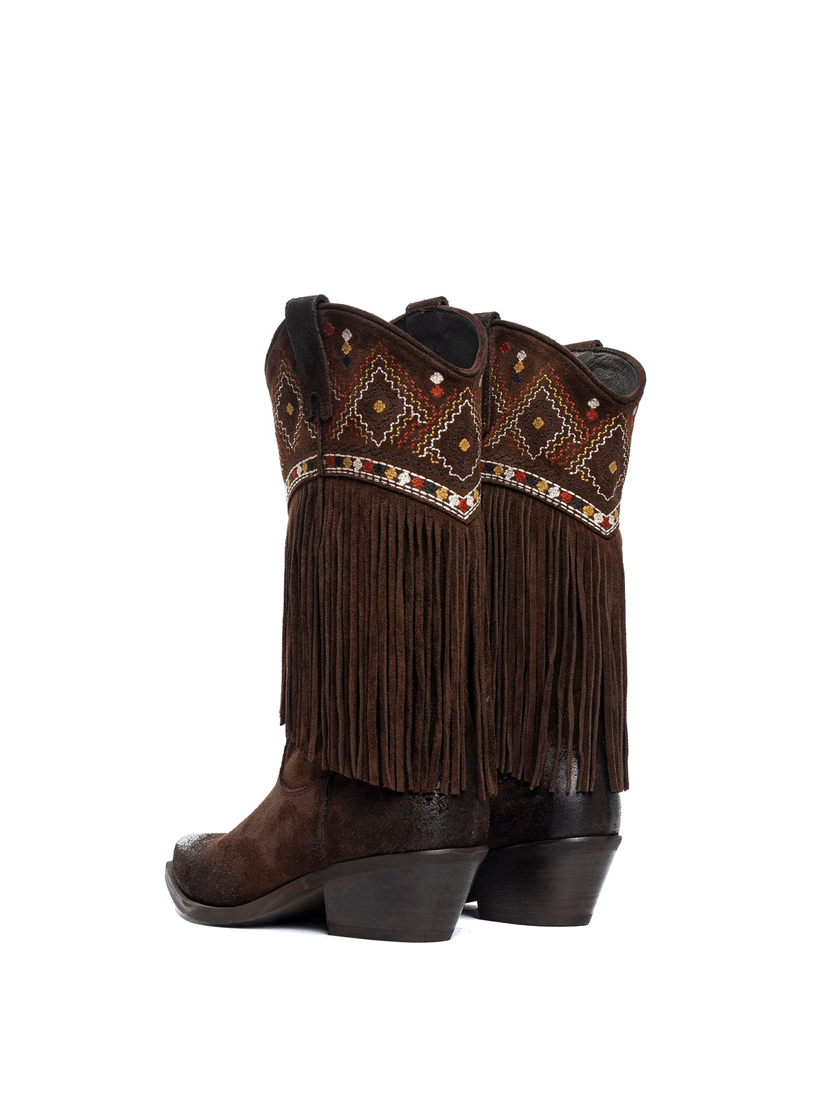 Brown Faux Suede Snip-Toe Fringe Top Embroidery Zipper Mid Calf Cowgirl Boots