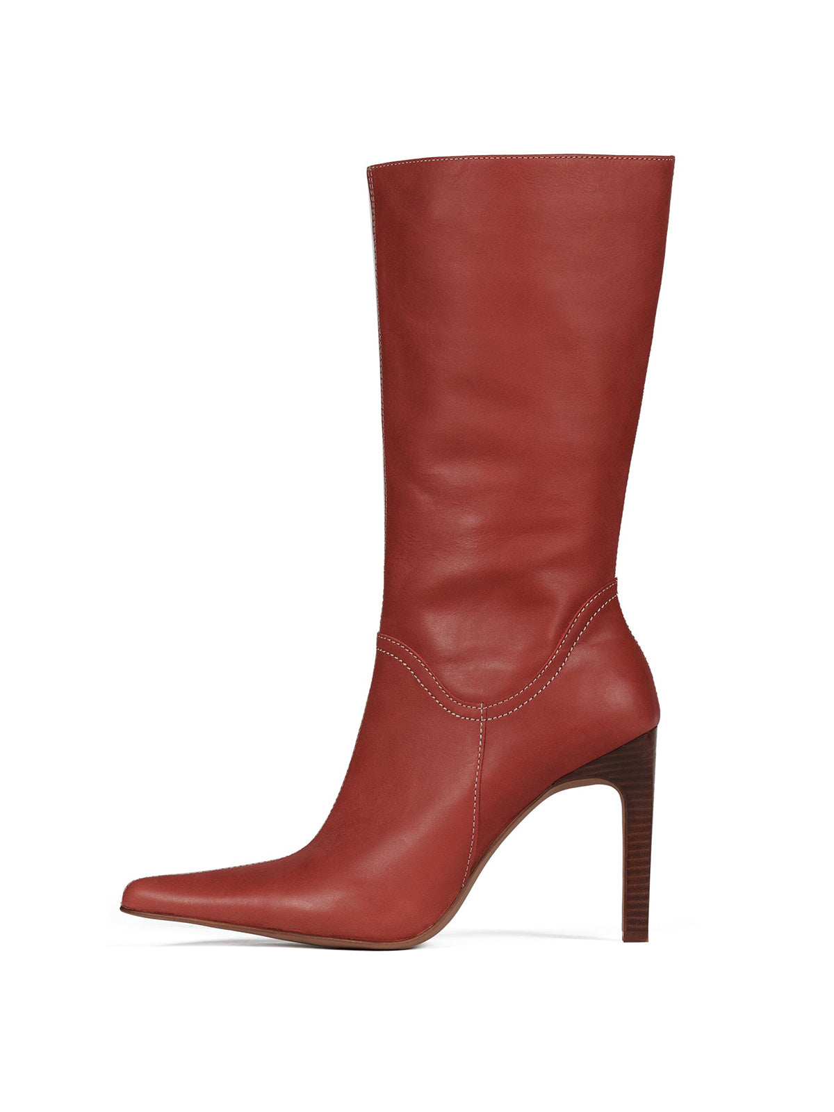 Dark Red Pointed-Toe Simple Full-Zip Stiletto Boots
