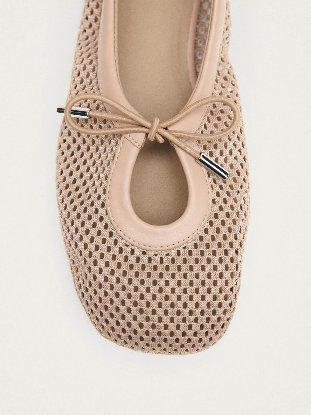 Bone Mesh And Vegan Leather Square-Toe Middle Bow Ballet Flats