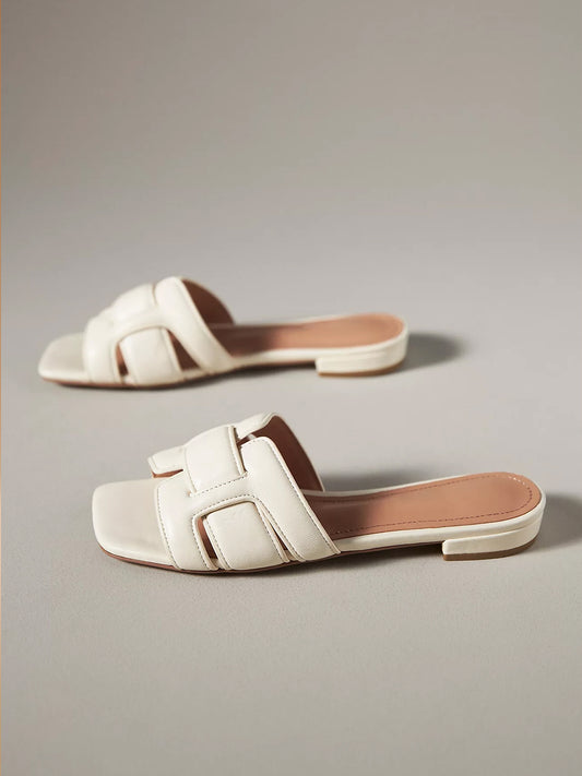 Cream Square-Toe Slip-On Sandals