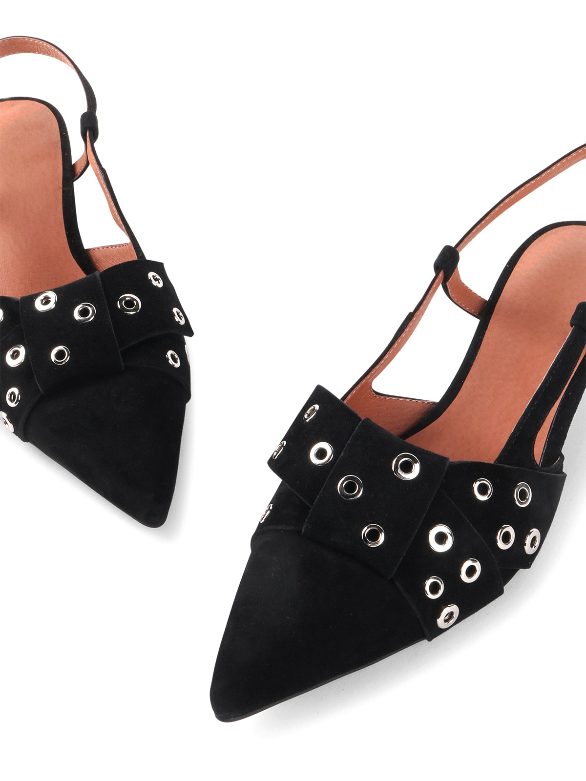 Black Faux Suede Pointed-Toe Front Eyelets Back Strap Kitten Heels