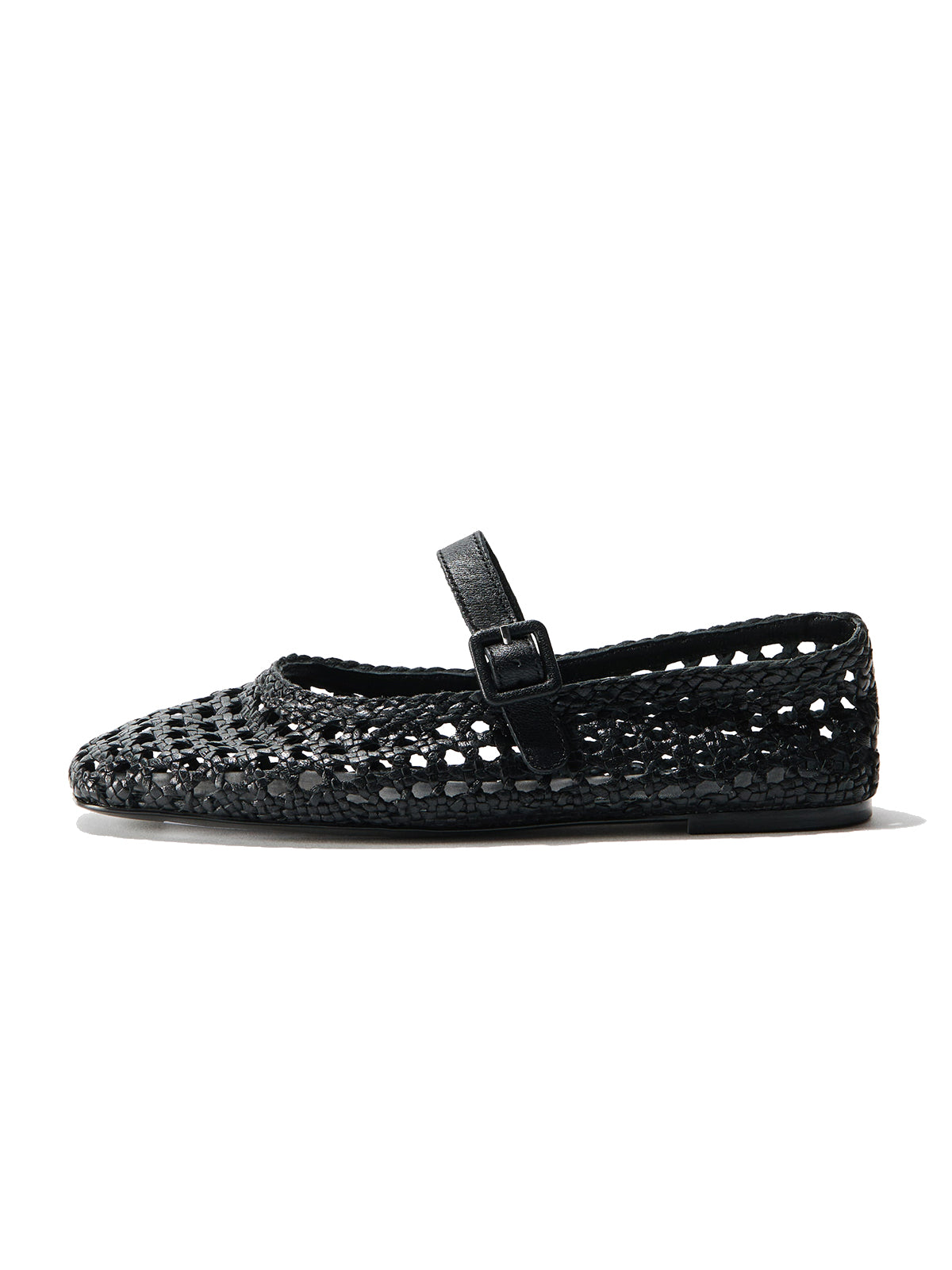 Black Vegan Leather Woven Square-Toe Mary Jane Ballet Flats