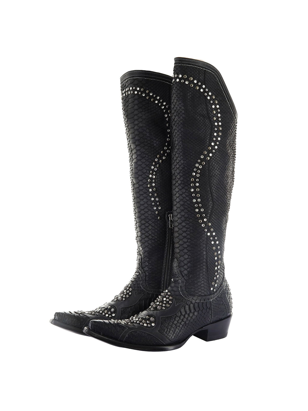 Black Snakeskin Print Pointed-Toe Rhinestones And Studs Half-Zip Knee High Cowgirl Boots