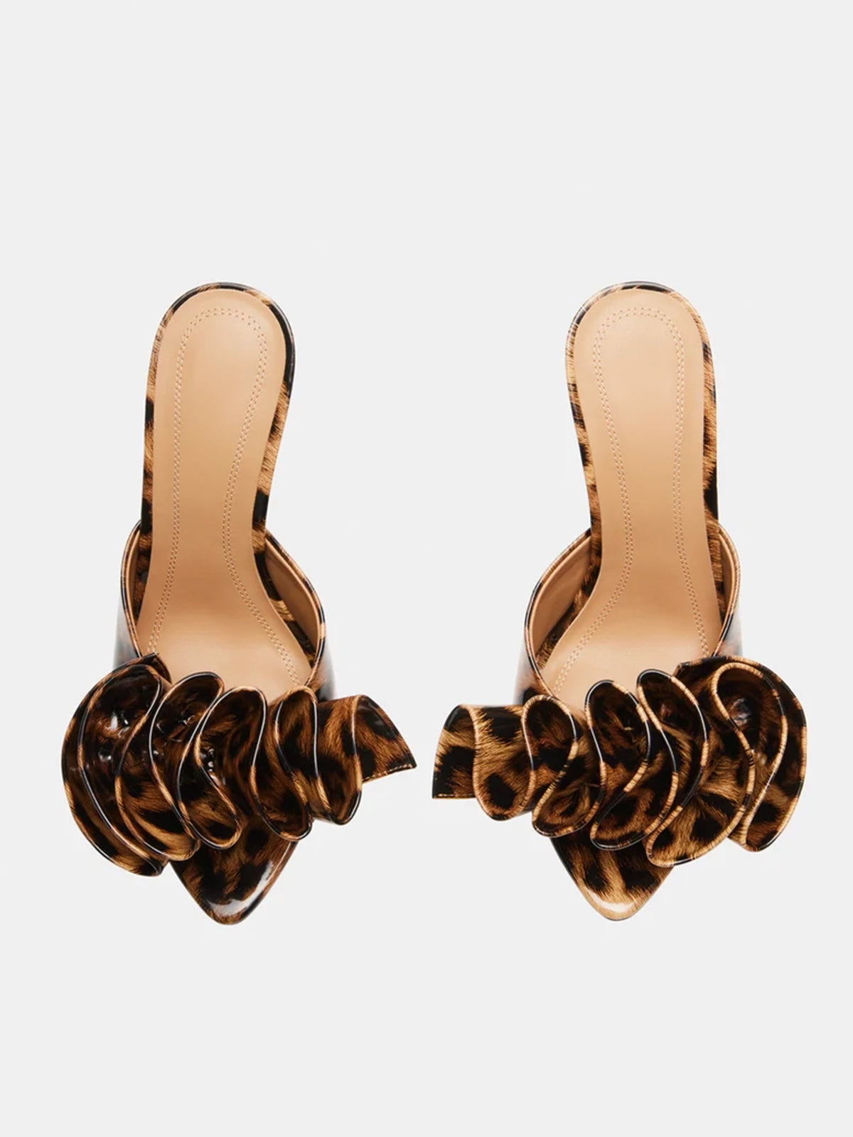 Pointed-Toe Slip-On Ruffle High Heels - Patent Leopard