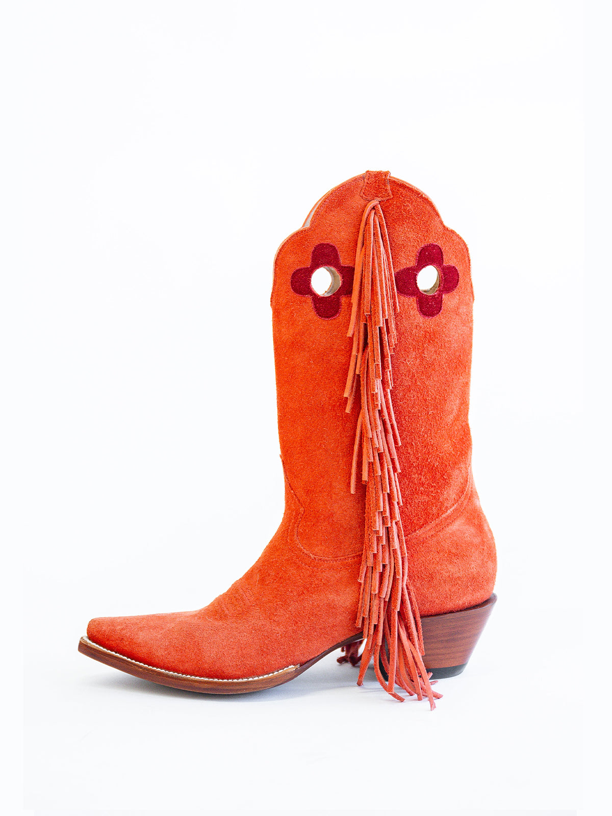 Red Pointed-Toe Side Fringes And Cutout Mid Calf Cowgirl Boots