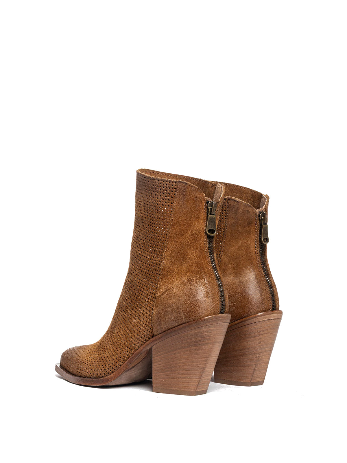 Brown Faux Suede Snip-Toe Perforated Back Full-Zip Ankle Cowgirl Boots