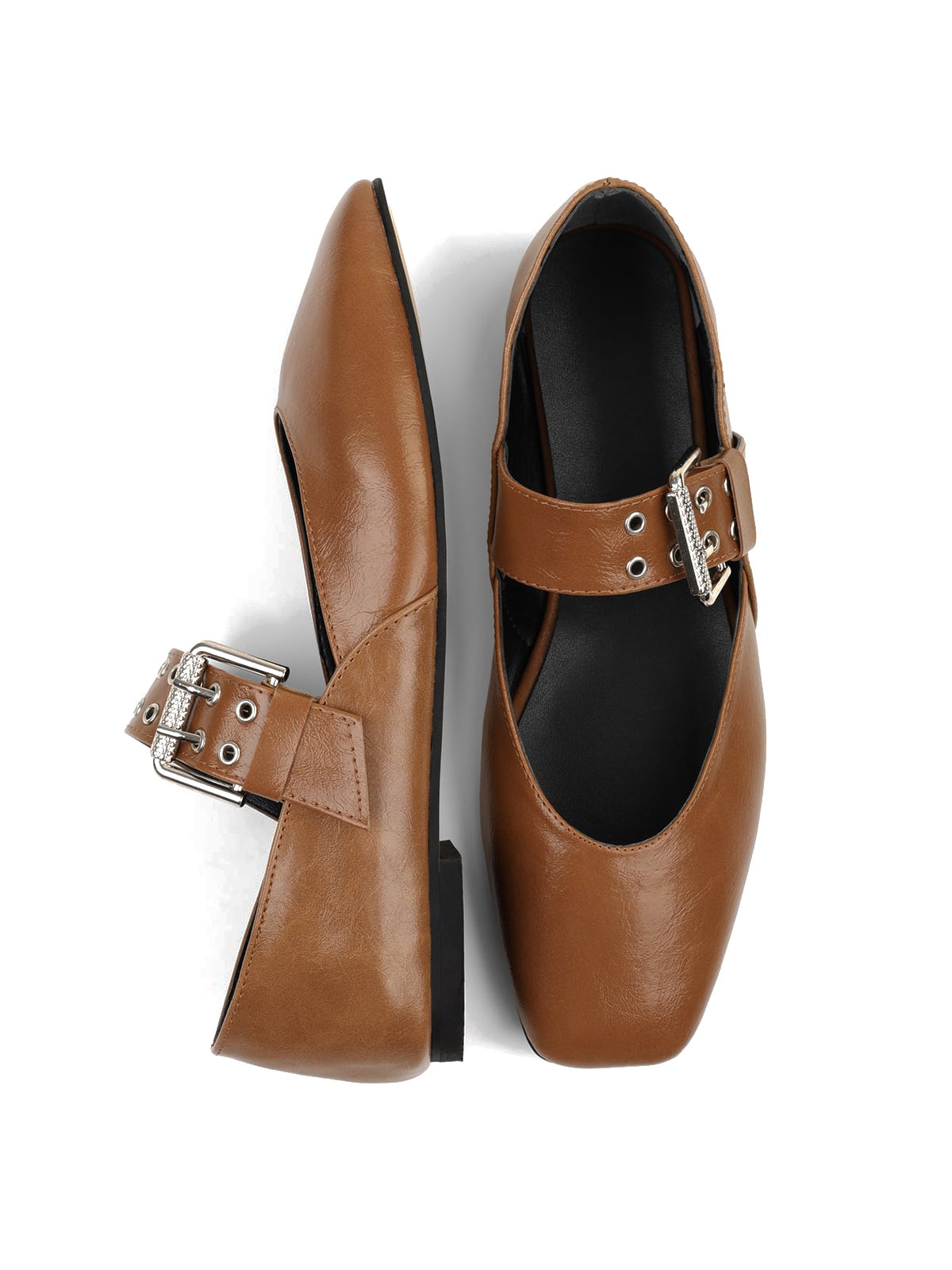 Caramel Square-Toe Buckle Bridge Strap With Eyelets Ballet Flats