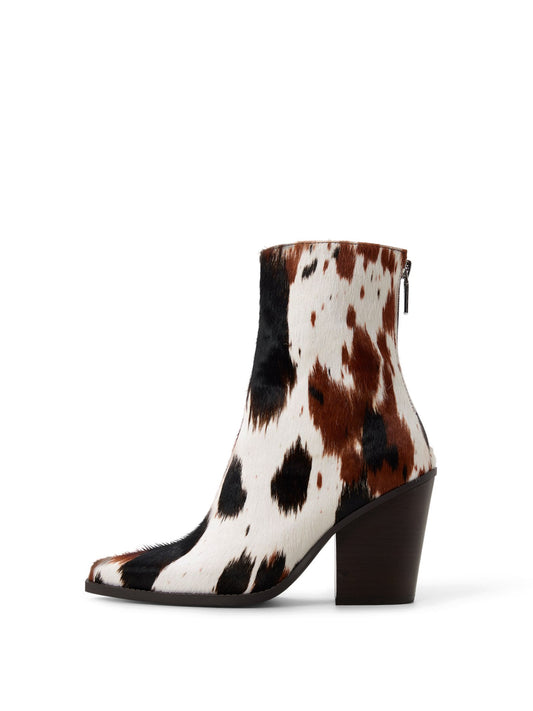 Cow Print Pointed-Toe Back Full-Zip Ankle Cowgirl Boots