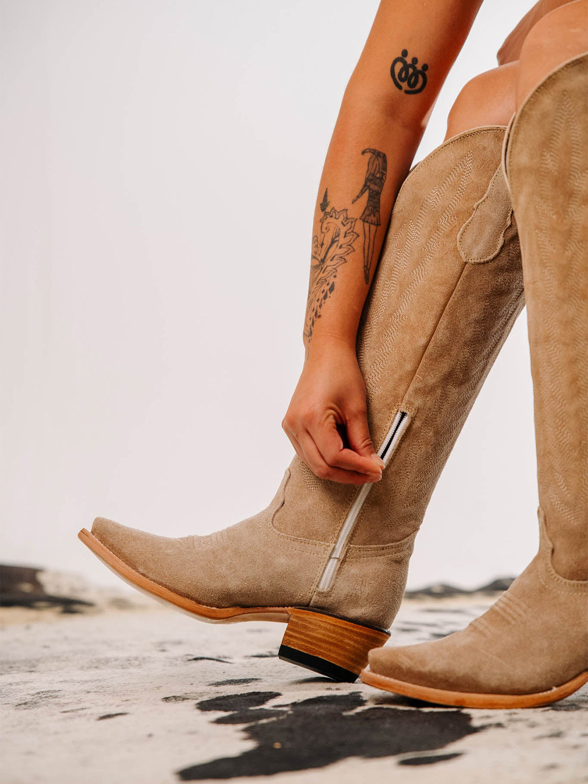 Sand Faux Suede Snip-Toe Embroidery Half-Zip Classic Knee High Cowgirl Boots