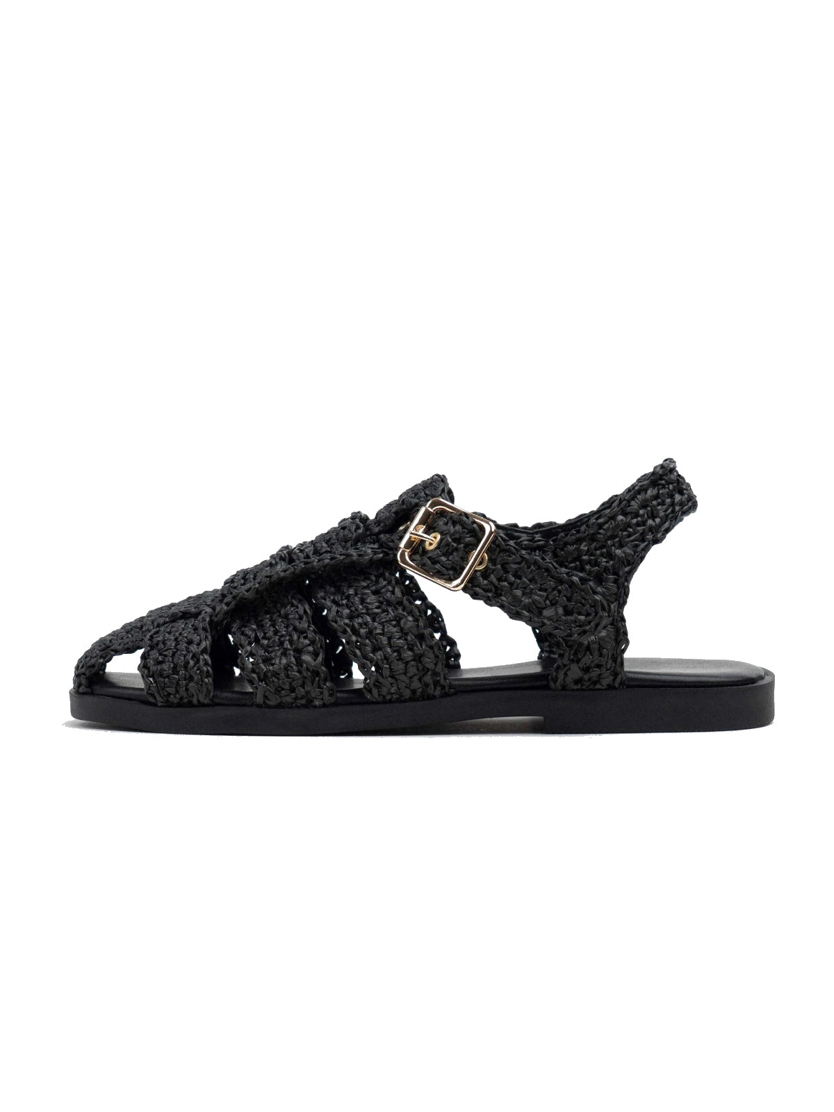 Black Grass Woven Round-Toe Caged Detail Buckle Strap Flats